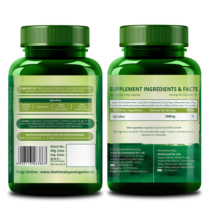 Vlado's Himalayan Organics Spirulina 2000mg Supplement | Green Food For Good Health Weight Management And Immunity Booster | Helps In Healthy Heart - 60 Veg Capsules