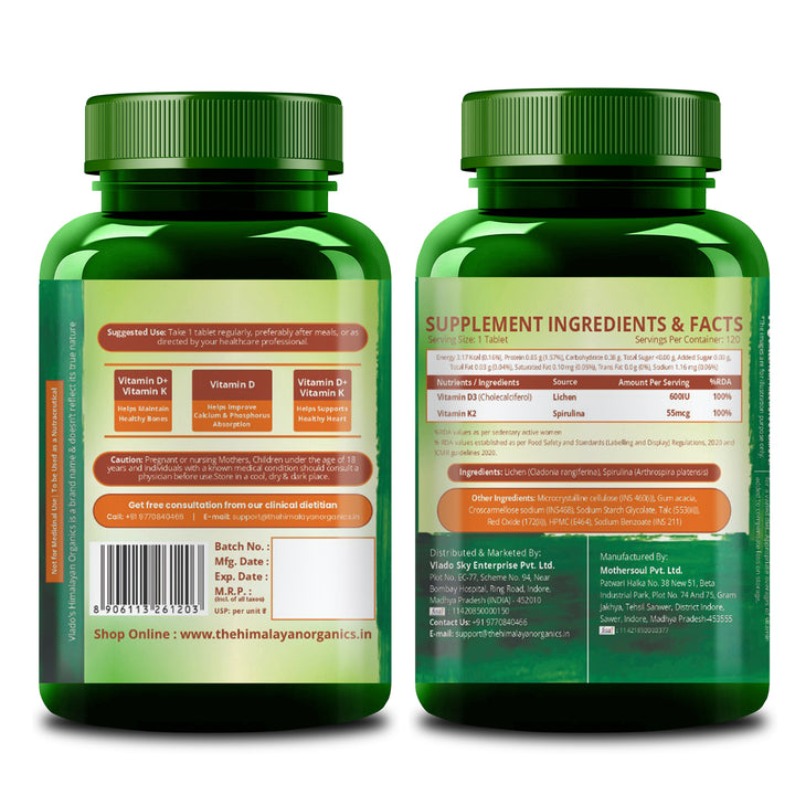 Vlado's Himalayan Organics Vitamin D3 600 IU + K2 as MK7 Supplement | Supports Stronger Immunity & Bone & Heart Health | Healthy Heart For Men And Women - 120 Veg Tablets