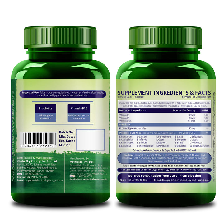 Vlado's Himalayan Organics Probiotics Supplement 50 billion CFU with Prebiotics 150mg for Digestion, Gut Health & Immunity - 60 Veg Capsules