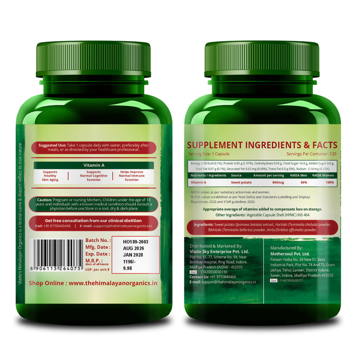 Vlado's Himalayan Organics Vitamin A Supplement Supports Healthy Eye Sight | Natural Anti-Oxidant (120 Capsules)