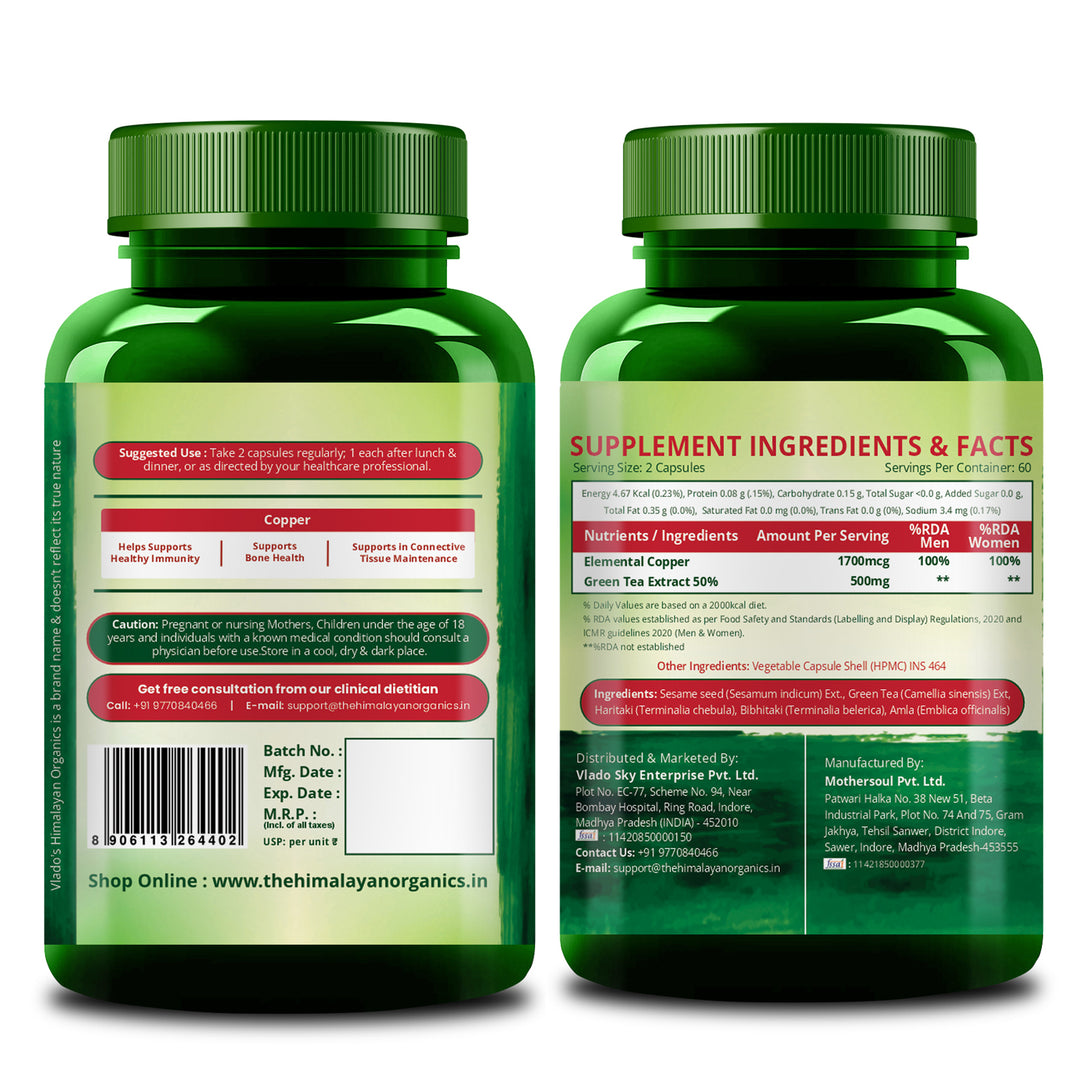 Vlado's Himalayan Organics Plant Based Copper 1700mcg with Green Tea Extract | Support Connective Tissues | Good For Bone Health - 120 Veg Capsules