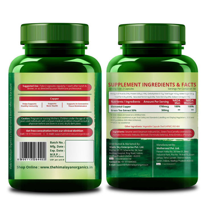 Vlado's Himalayan Organics Plant Based Copper 1700mcg with Green Tea Extract | Support Connective Tissues | Good For Bone Health - 120 Veg Capsules
