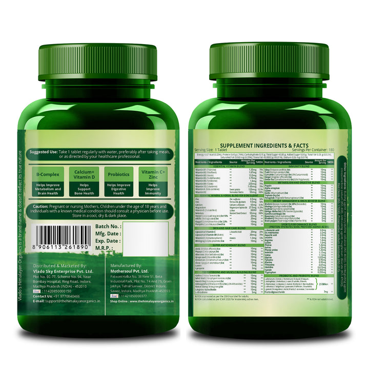 Vlado’s Himalayan Organics Multivitamin for Men & Women with Probiotics | 100+ Nutrients incl. Vitamins B1–B12, C, D & E, Zinc, Iron, Calcium, Biotin | 27+ Herbal Extracts | Supports Immunity, Energy, Stamina, Bone, Skin & Hair | 180 Tablets