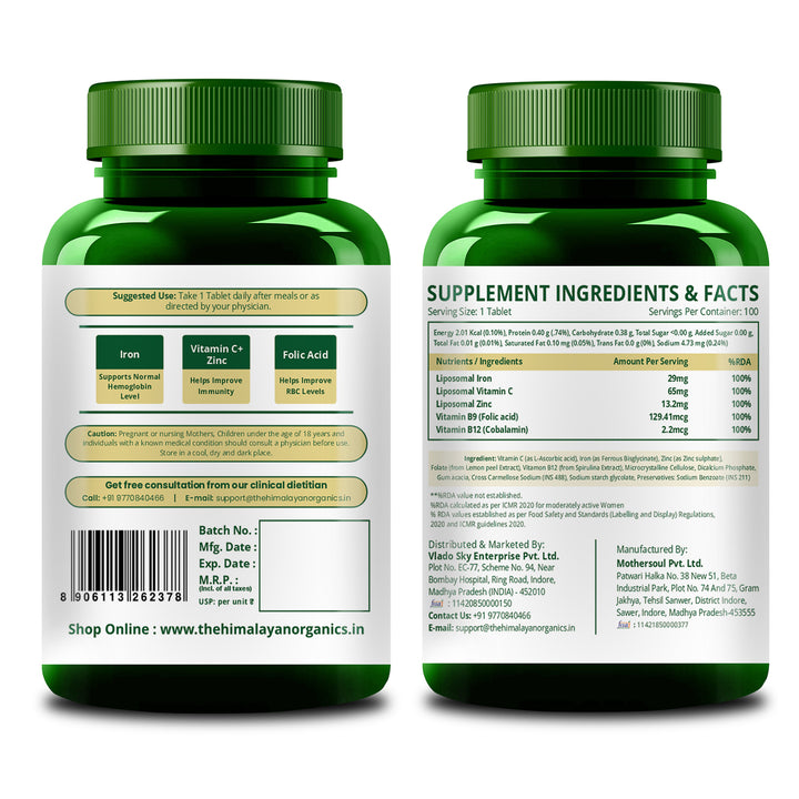 Vlado's Himalayan Organics Liposomal Iron supplement with Vitamin C,B12,Zinc & Folic Acid | Boost Hemoglobin Levels | Improves Concentration Level,Energy & Blood Building-100 Veg Tablets