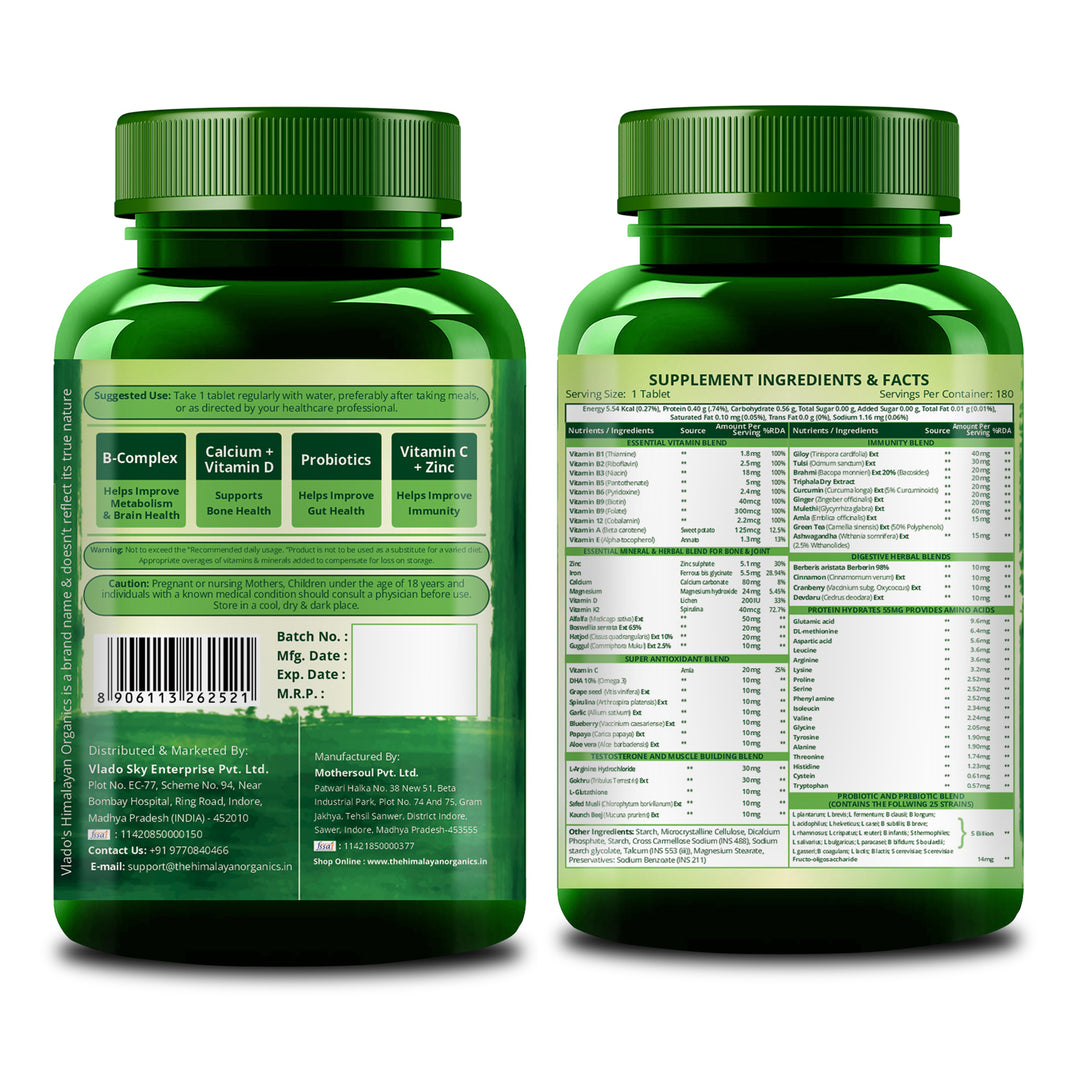 Vlado's Himalayan Organics Immunity Multivitamin Tablet for Men & Women with Probiotic 90+Vital Nutrients and 9+ Probiotic blends for Increase Energy & Immunity I Best Multi vitamin for Men & Women- 180 Veg Tablets