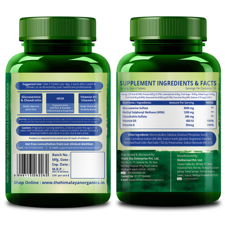 Vlado's Himalayan Organics Glucosamine Chondroitin MSM Vitamin D3 & K | 60 Vegetarian Tablets