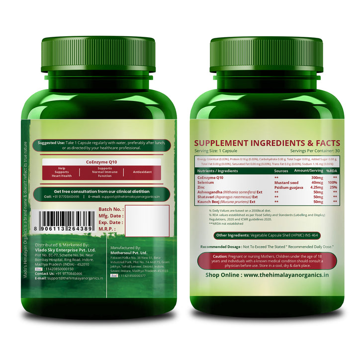 Vlado’s Himalayan Organics Coenzyme Q10 | CoQ10 Supplement 300mg with Selenium & 5 Herbs | Coq10 Ubiqinol Supports Heart Health and Vascular Health I  | CoQ10 For men & women – 30 Veg Capsules