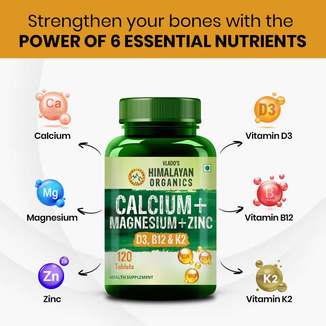 Vlado's Himalayan Organics Calcium Magnesium Zinc Vitamin D3, B12 & K - 120 Vegetarian Tablets