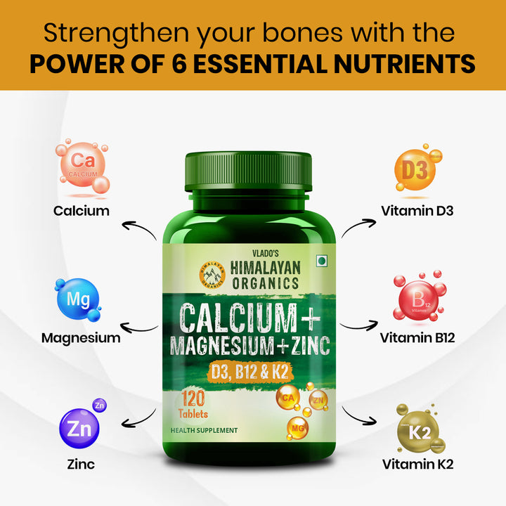 Vlado's Himalayan Organics Calcium Magnesium Zinc Vitamin D3, B12 & K - 120 Vegetarian Tablets