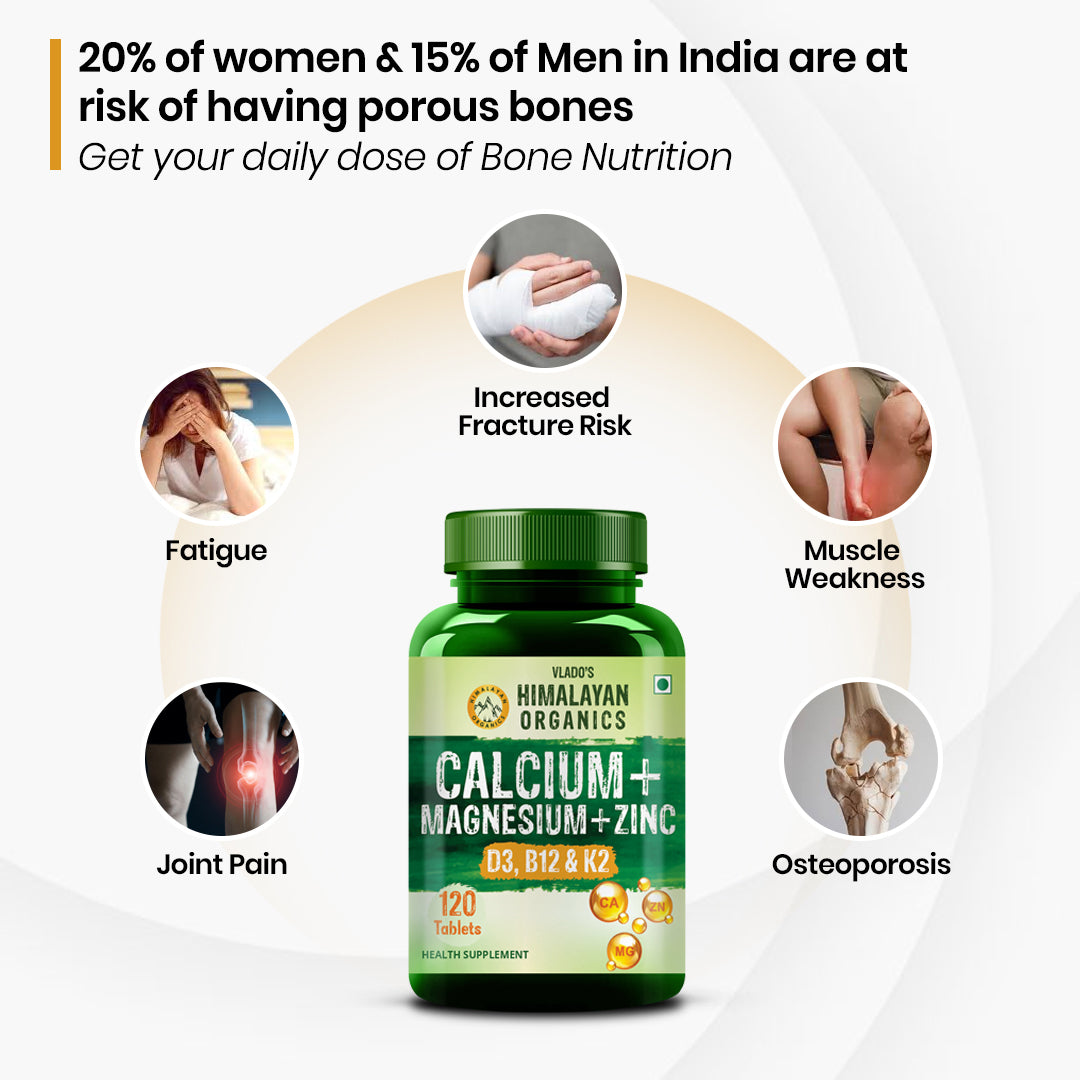 Vlado's Himalayan Organics Calcium Magnesium Zinc Vitamin D3, B12 & K - 120 Vegetarian Tablets