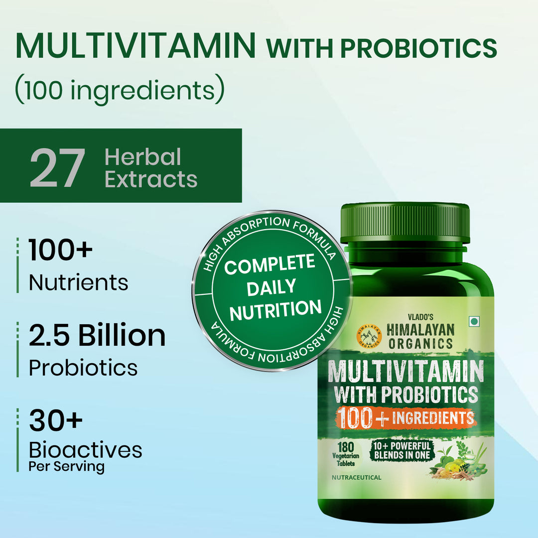 Vlado’s Himalayan Organics Multivitamin for Men & Women with Probiotics | 100+ Nutrients incl. Vitamins B1–B12, C, D & E, Zinc, Iron, Calcium, Biotin | 27+ Herbal Extracts | Supports Immunity, Energy, Stamina, Bone, Skin & Hair | 180 Tablets