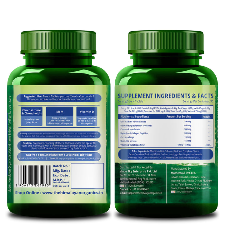 Vlado’s Himalayan Organics Glucosamine Chondroitin MSM Tablets | Cartilage & Joint Support Supplement | Glucosamine for Joint Relieves Pain and Stiffness I Added Collagen peptides, Curcuma, Vitamin D & Boswellia - Pure Veg Formula - 120 Vegetarian Tablets