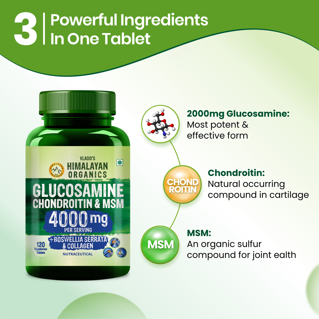 Vlado’s Himalayan Organics Glucosamine Chondroitin MSM Tablets | Cartilage & Joint Support Supplement | Glucosamine for Joint Relieves Pain and Stiffness I Added Collagen peptides, Curcuma, Vitamin D & Boswellia - Pure Veg Formula - 120 Vegetarian Tablets