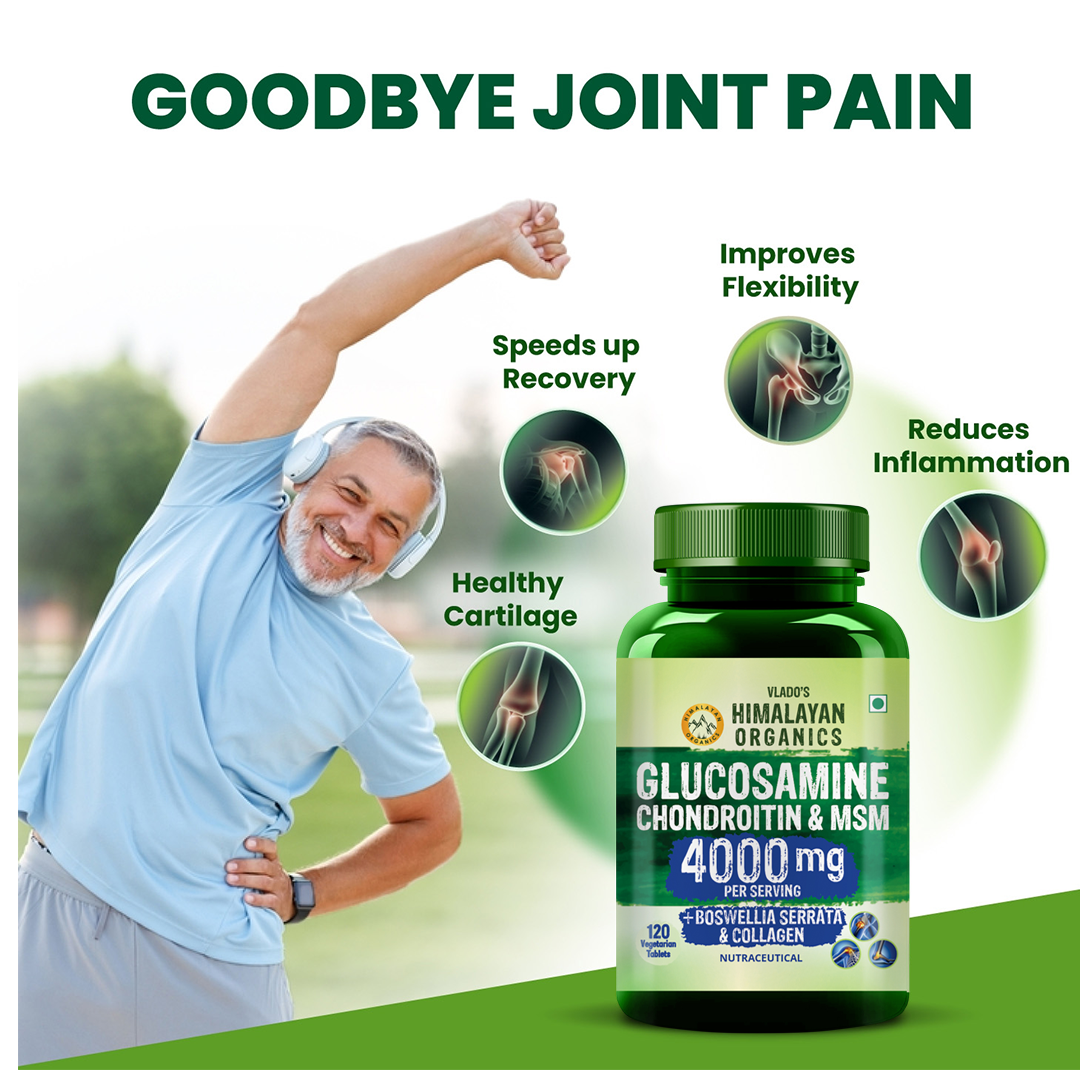 Vlado’s Himalayan Organics Glucosamine Chondroitin MSM Tablets | Cartilage & Joint Support Supplement | Glucosamine for Joint Relieves Pain and Stiffness I Added Collagen peptides, Curcuma, Vitamin D & Boswellia - Pure Veg Formula - 120 Vegetarian Tablets