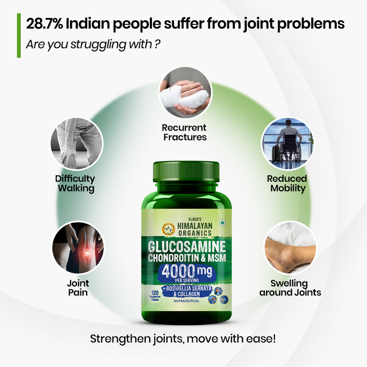 Vlado’s Himalayan Organics Glucosamine Chondroitin MSM Tablets | Cartilage & Joint Support Supplement | Glucosamine for Joint Relieves Pain and Stiffness I Added Collagen peptides, Curcuma, Vitamin D & Boswellia - Pure Veg Formula - 120 Vegetarian Tablets