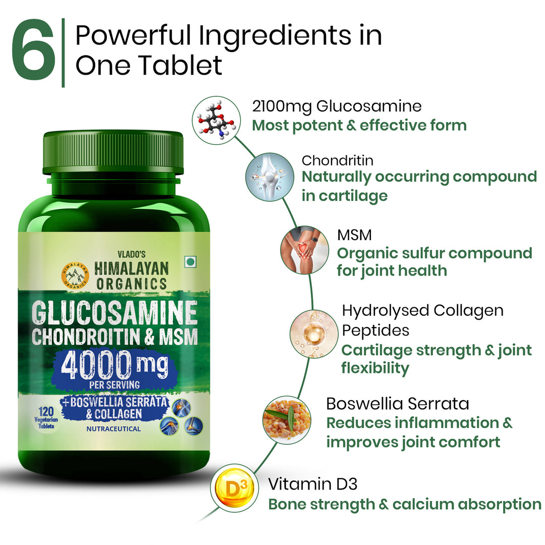Vlado’s Himalayan Organics Glucosamine Chondroitin MSM Tablets | Cartilage & Joint Support Supplement | Glucosamine for Joint Relieves Pain and Stiffness I Added Collagen peptides, Curcuma, Vitamin D & Boswellia - Pure Veg Formula - 120 Vegetarian Tablets