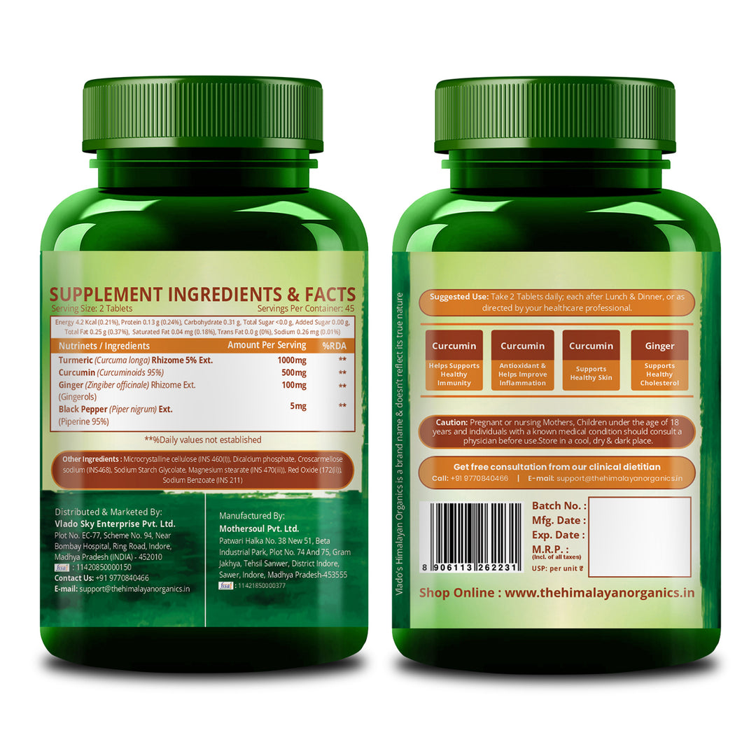 Vlado's Himalayan Organics Curcumin With Biopiperine 1500mg Tablets With 95% Curcuminoids Supplements For Better Absorption | Good For Skin & Joint pains | Immunity Booster for Men And Women - 90 Veg Tablets
