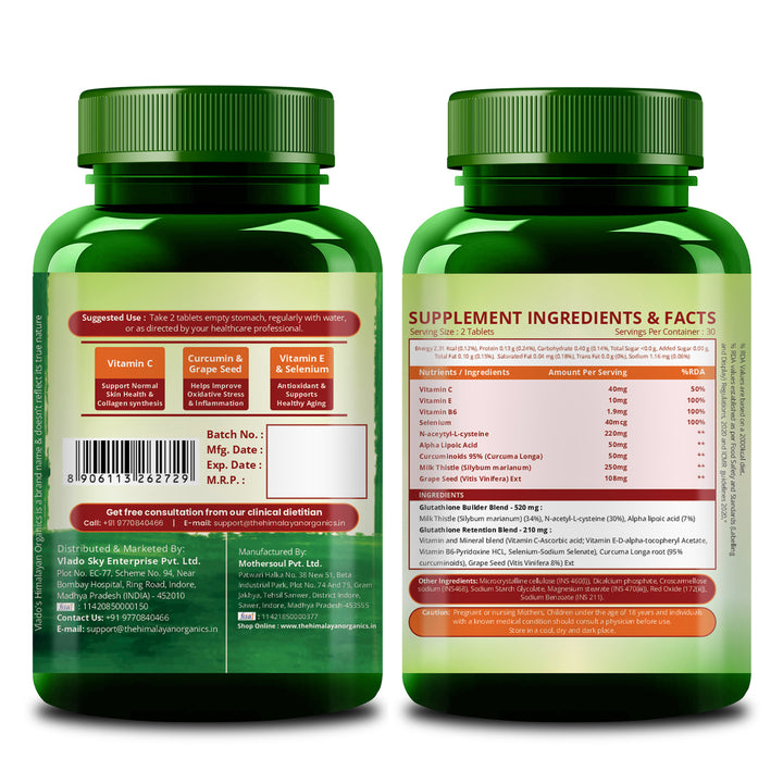 Vlado's Himalayan Organics Glutathione Builder for Anti-Ageing & Skin Brightening with ( Vitamin C, E, B6 & Curcumin ) - 60 Veg Tablets
