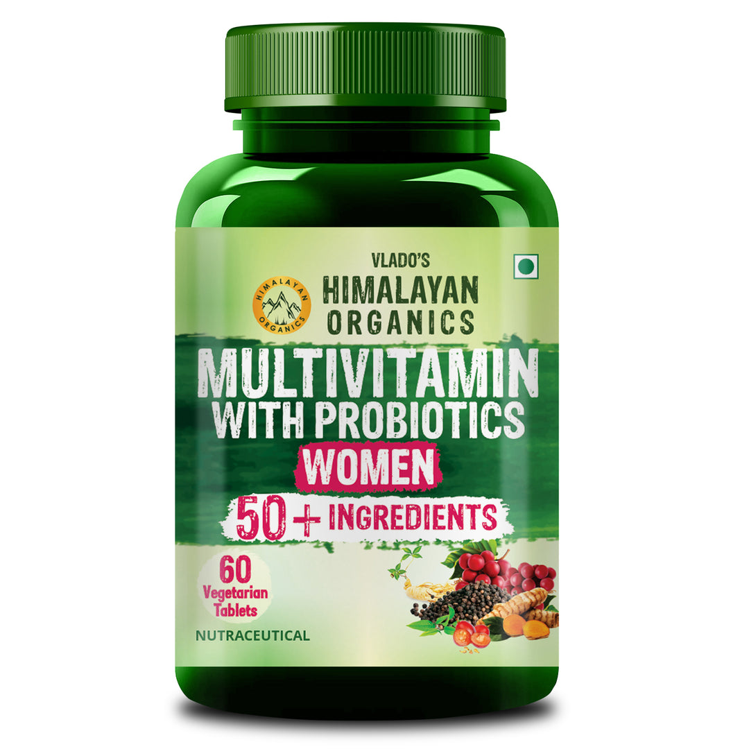 Vlado's Himalayan Organics Multivitamin with Probiotics for Women | 60 Veg Tabs | 60 + Natural Extracts, Essential Vitamins & Minerals |Vitamin D3, B12, Calcium, Curcumin & Biotin
