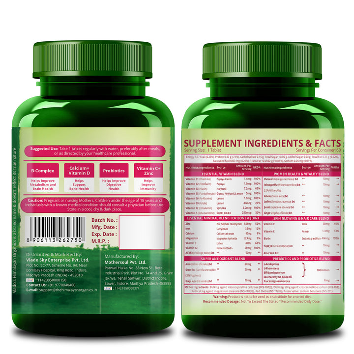 Vlado's Himalayan Organics Multivitamin with Probiotics for Women | 60 Veg Tabs | 60 + Natural Extracts, Essential Vitamins & Minerals |Vitamin D3, B12, Calcium, Curcumin & Biotin