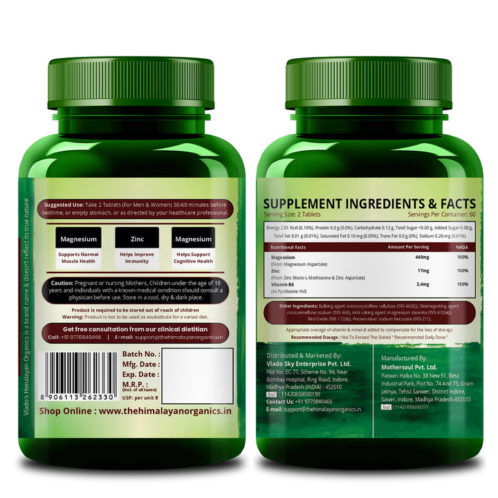 Vlado’s Himalayan Organics ZMA (Zinc Magnesium Aspartate & Vitamin B6) For Men And Women | Nighttime Sports Recovery Supplements | Boost Muscle And Bone Strength | Improve Sleep Quality - 120 Vegetarian Tablets