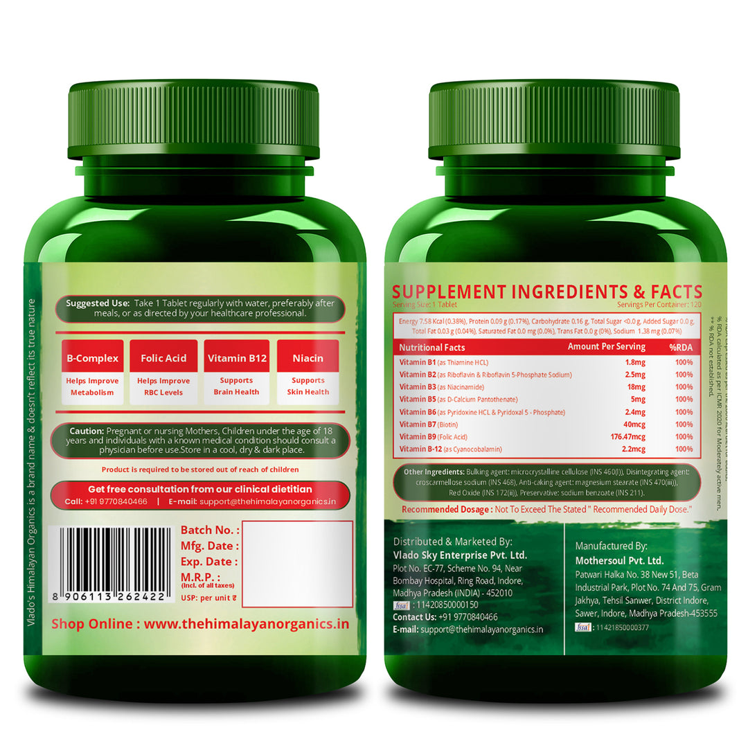 Vlado's Himalayan Organics Vitamin B Complex with 100% RDA B1, B2, B3, B5, B6, B7, B9 & B12 Supplement to Support Cognitive Health - 120 Veg Tablets