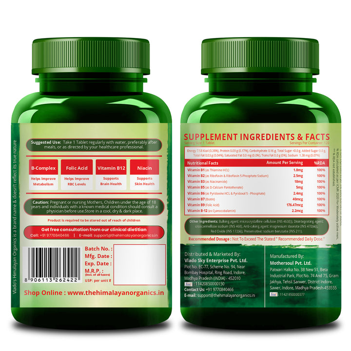 Vlado's Himalayan Organics Vitamin B Complex with 100% RDA B1, B2, B3, B5, B6, B7, B9 & B12 Supplement to Support Cognitive Health - 120 Veg Tablets
