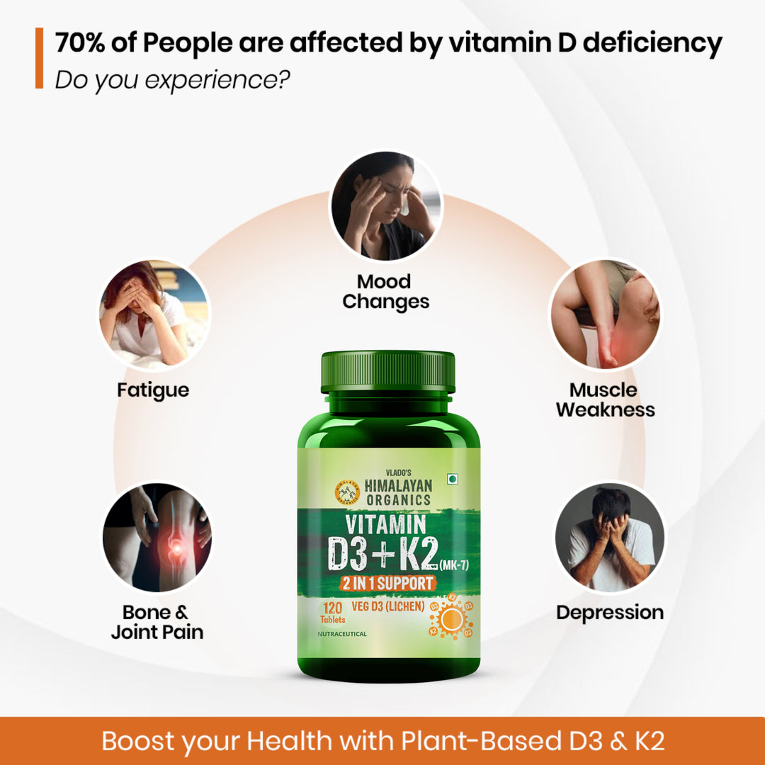 Vlado's Himalayan Organics Vitamin D3 600 IU + K2 as MK7 Supplement | Supports Stronger Immunity & Bone & Heart Health | Healthy Heart For Men And Women - 120 Veg Tablets