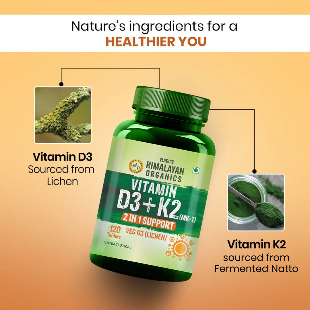 Vlado's Himalayan Organics Vitamin D3 600 IU + K2 as MK7 Supplement | Supports Stronger Immunity & Bone & Heart Health | Healthy Heart For Men And Women - 120 Veg Tablets