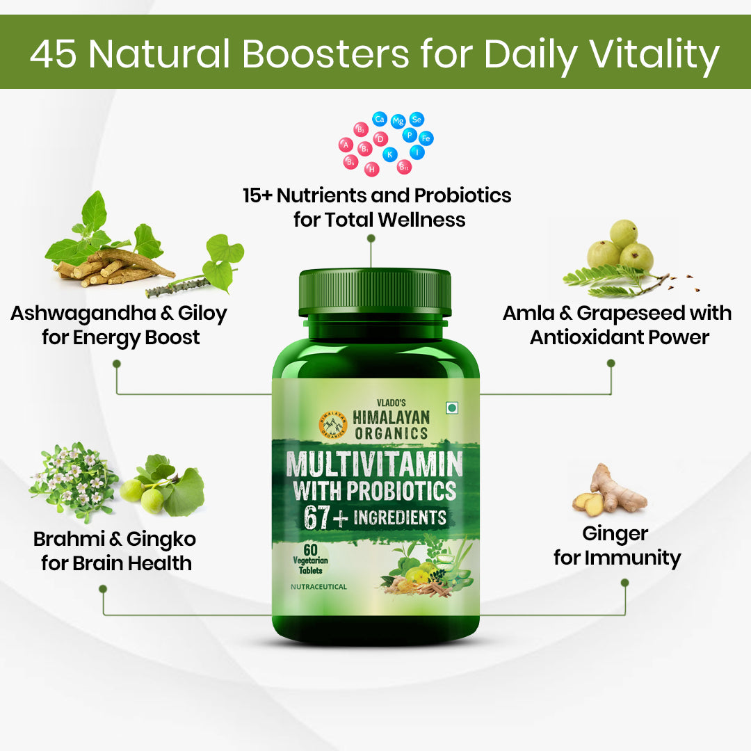Vlado's Himalayan Organics Multivitamin with Probiotics (60 Tablets) 60 Ingredients for Men & Women with Vitamin C, D, E, B3, B12, Zinc, Giloy & Biotin