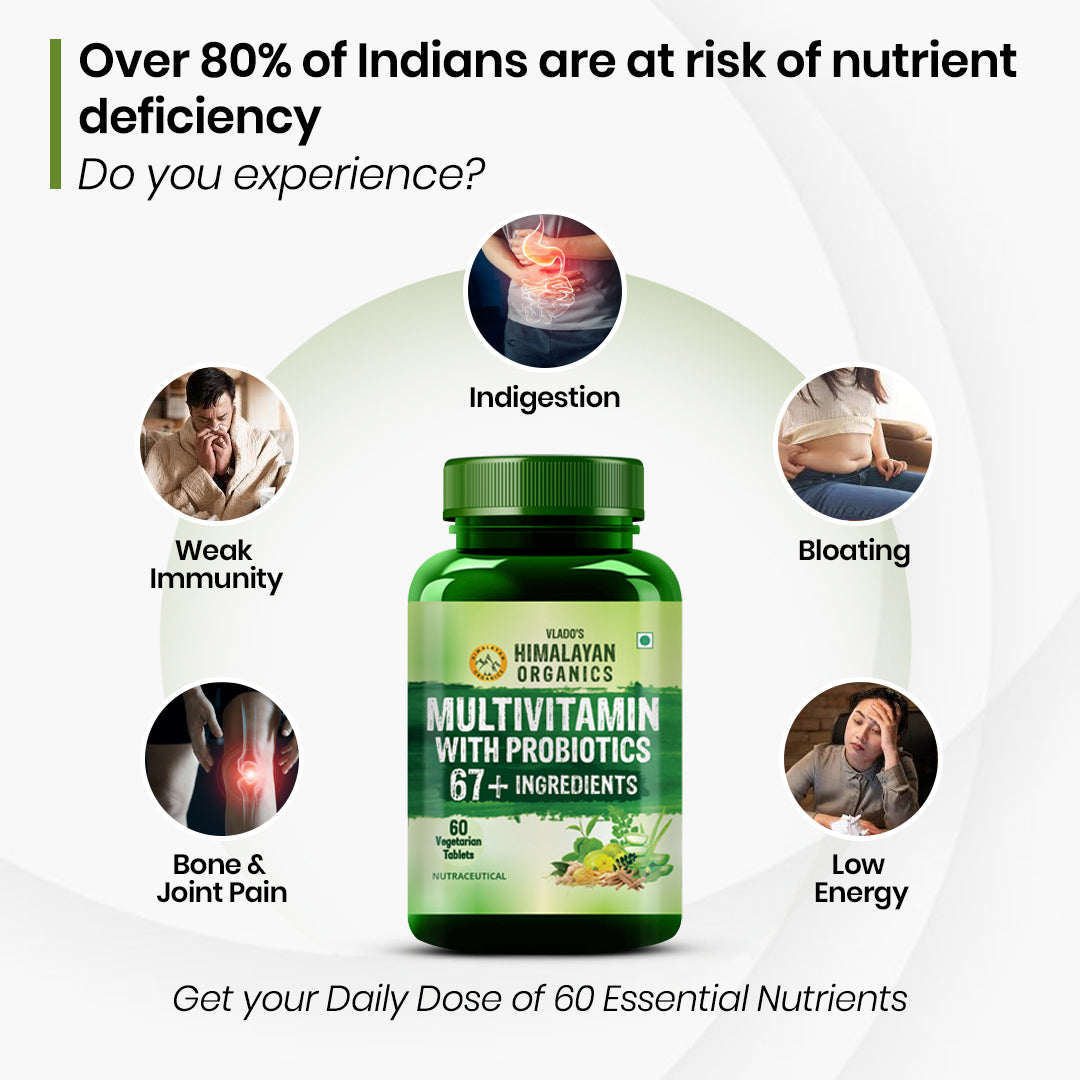 Vlado's Himalayan Organics Multivitamin with Probiotics (60 Tablets) 60 Ingredients for Men & Women with Vitamin C, D, E, B3, B12, Zinc, Giloy & Biotin