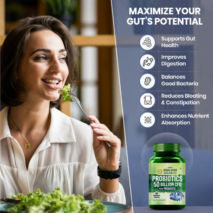 Vlado's Himalayan Organics Probiotics Supplement 50 billion CFU with Prebiotics 150mg for Digestion, Gut Health & Immunity - 60 Veg Capsules