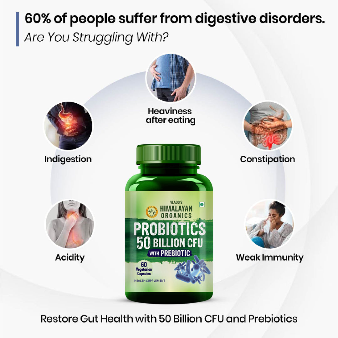 Vlado's Himalayan Organics Probiotics Supplement 50 billion CFU with Prebiotics 150mg for Digestion, Gut Health & Immunity - 60 Veg Capsules