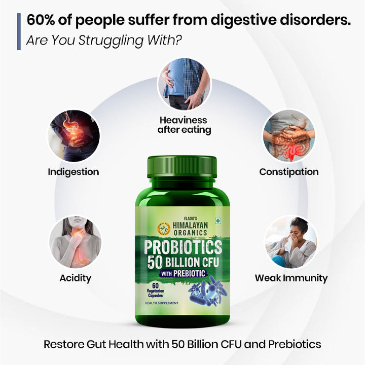 Vlado's Himalayan Organics Probiotics Supplement 50 billion CFU with Prebiotics 150mg for Digestion, Gut Health & Immunity - 60 Veg Capsules