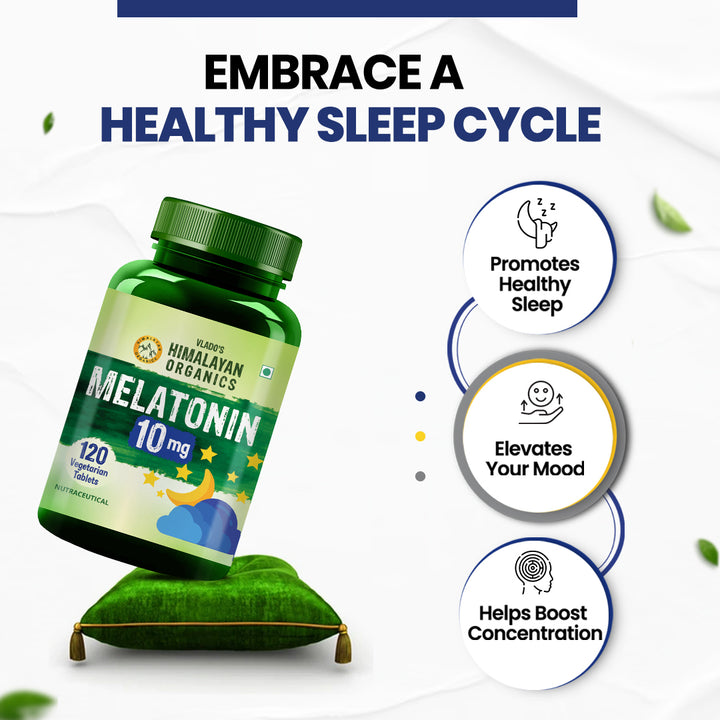 Vlado's Himalayan Organics Melatonin 10 MG Healthy Sleep Cycle | Helps Stress & Anxiety Relief | Improve Concentration | Non-Habit Forming (120 Tablets)