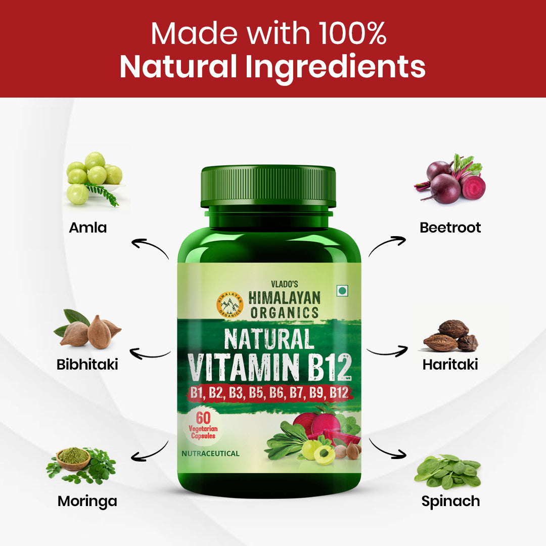 Vlado's Himalayan Organics Natural Vitamin B12 Supplement- with Vitamin B1,B2,B3,B5,B6,B7,B9,Moringa | Support Nerve Health & Brain Function I Energy Production, Energy, Maximize Absorption, Boost Metabolism I For Men & Women - 60 Vegetarian Capsules