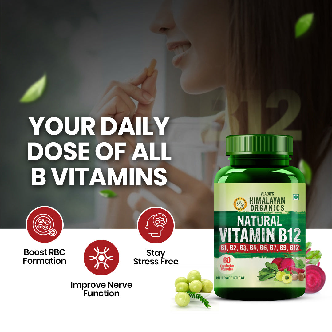 Vlado's Himalayan Organics Natural Vitamin B12 Supplement- with Vitamin B1,B2,B3,B5,B6,B7,B9,Moringa | Support Nerve Health & Brain Function I Energy Production, Energy, Maximize Absorption, Boost Metabolism I For Men & Women - 60 Vegetarian Capsules