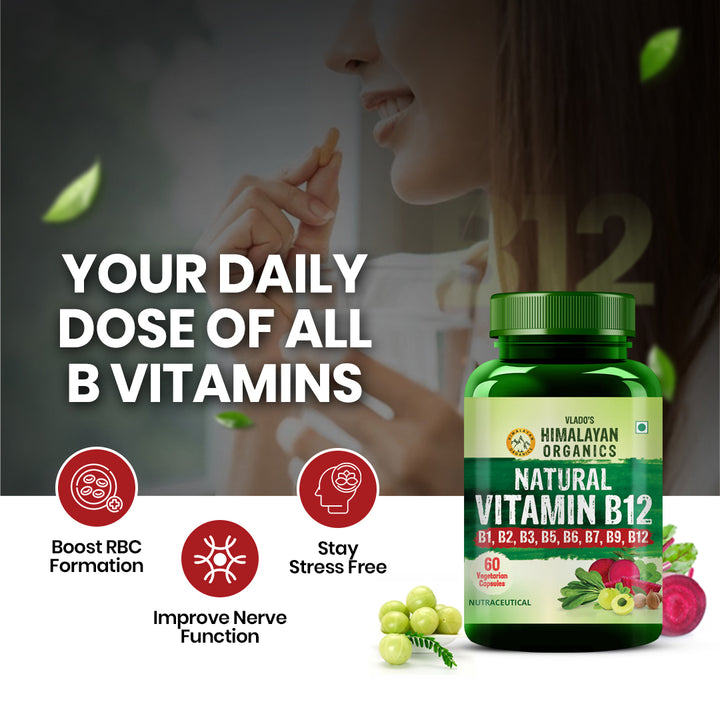 Vlado's Himalayan Organics Natural Vitamin B12 Supplement- with Vitamin B1,B2,B3,B5,B6,B7,B9,Moringa | Support Nerve Health & Brain Function I Energy Production, Energy, Maximize Absorption, Boost Metabolism I For Men & Women - 60 Vegetarian Capsules