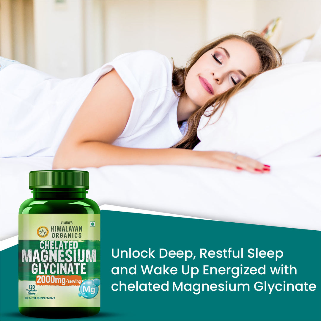 Vlado's Himalayan Organics Chelated Magnesium Glycinate Supplement 2000mg | Highly Absorbable Magnesium I Support in Muscle, Cramps, Recovery, & Nerve Relaxation, Better Sleep Quality for Men & Women - 120 Veg Tab