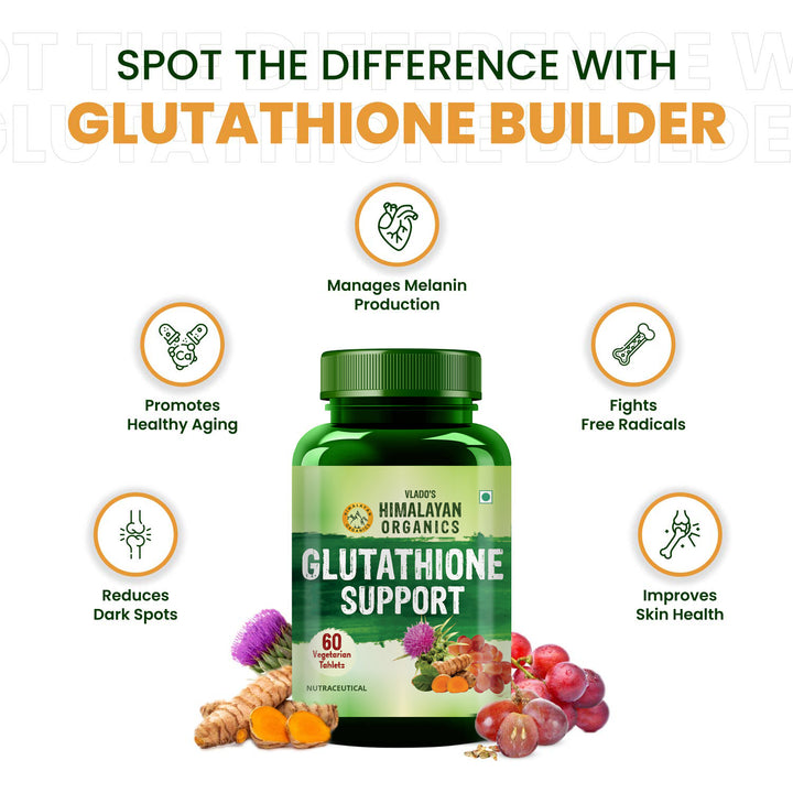 Vlado's Himalayan Organics Glutathione Builder for Anti-Ageing & Skin Brightening with ( Vitamin C, E, B6 & Curcumin ) - 60 Veg Tablets