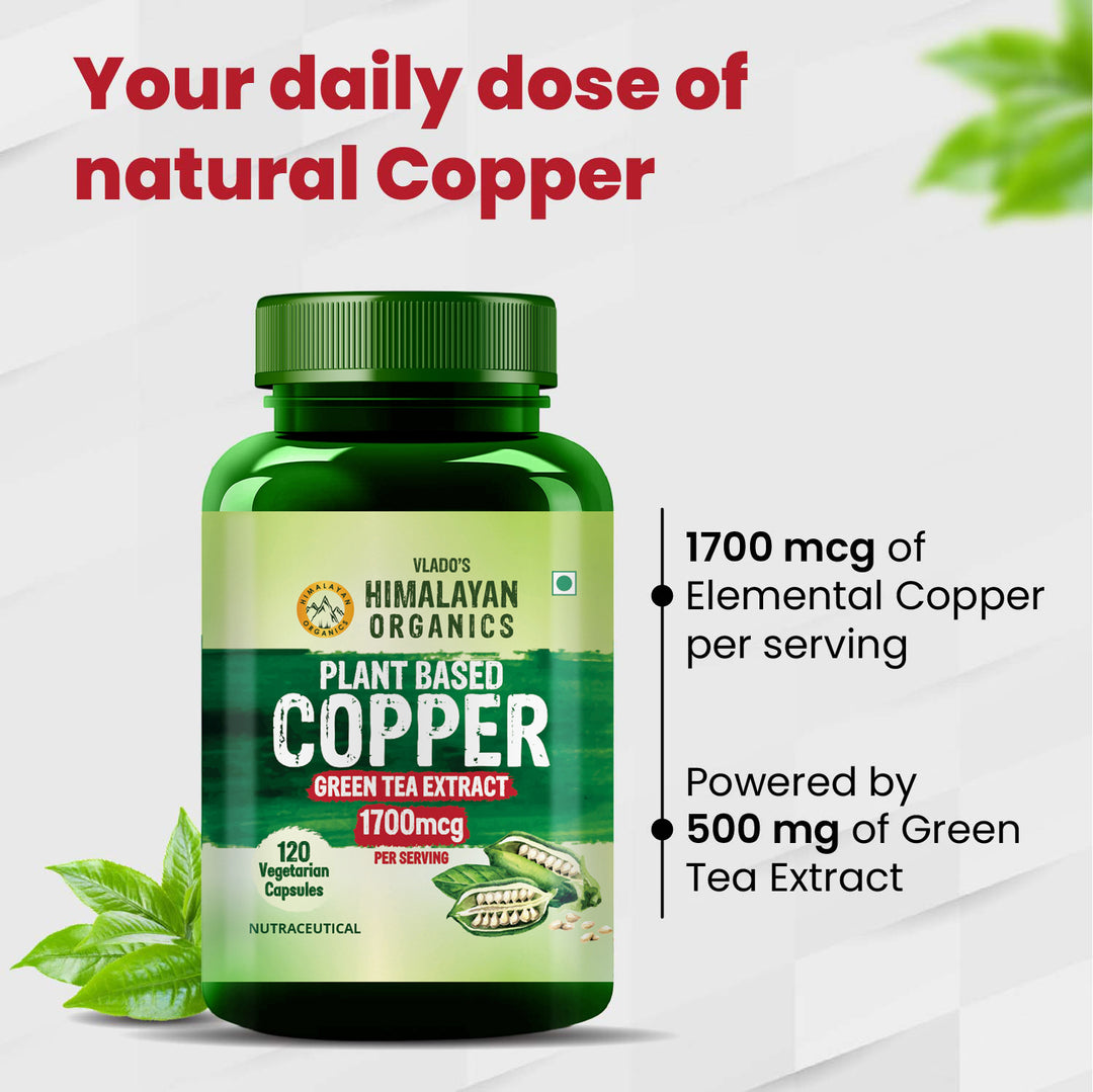 Vlado's Himalayan Organics Plant Based Copper 1700mcg with Green Tea Extract | Support Connective Tissues | Good For Bone Health - 120 Veg Capsules