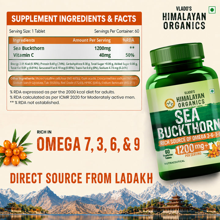 Vlado's Himalayan Organics Sea Buckthorn Tablets 60 | Omega Fatty Acids | Sea Buckthorn