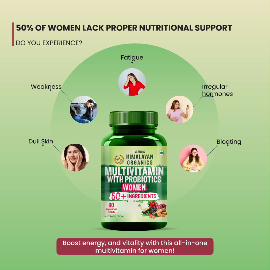 Vlado's Himalayan Organics Multivitamin with Probiotics for Women | 60 Veg Tabs | 60 + Natural Extracts, Essential Vitamins & Minerals |Vitamin D3, B12, Calcium, Curcumin & Biotin