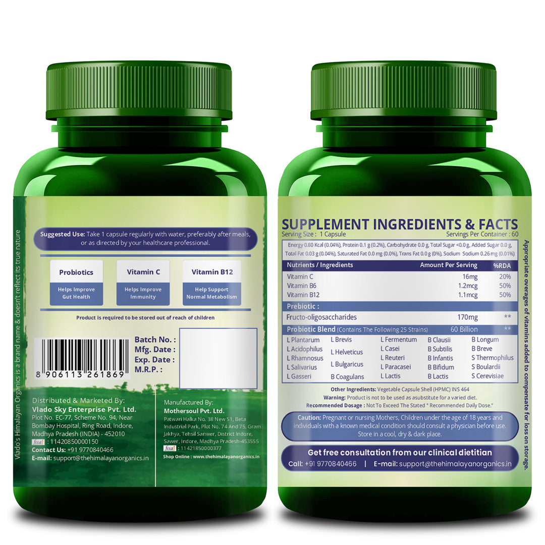 Vlado’s Himalayan Organic Probiotics 60 Billion CFU + 170Mg Prebiotics + 24 Strains Supplement | Better Nutrient Absorption | Healthy Digestion, Stronger Immunity & Overall Wellness - 60 Veg Capsules