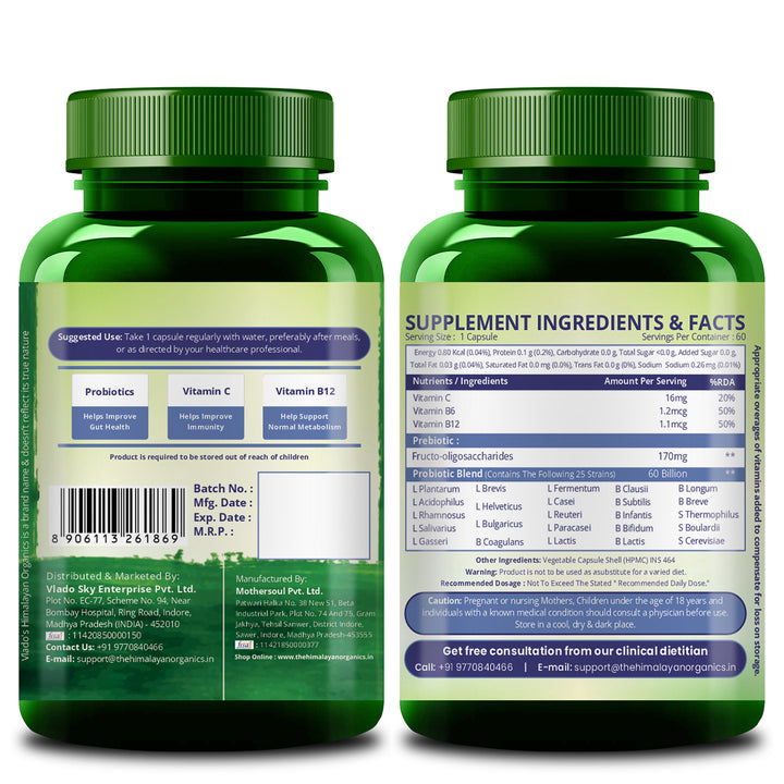 Vlado’s Himalayan Organic Probiotics 60 Billion CFU + 170Mg Prebiotics + 24 Strains Supplement | Better Nutrient Absorption | Healthy Digestion, Stronger Immunity & Overall Wellness - 60 Veg Capsules