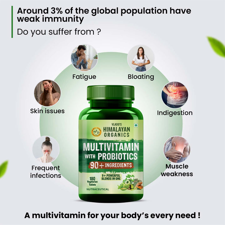 Vlado's Himalayan Organics Immunity Multivitamin Tablet for Men & Women with Probiotic 90+Vital Nutrients and 9+ Probiotic blends for Increase Energy & Immunity I Best Multi vitamin for Men & Women- 180 Veg Tablets