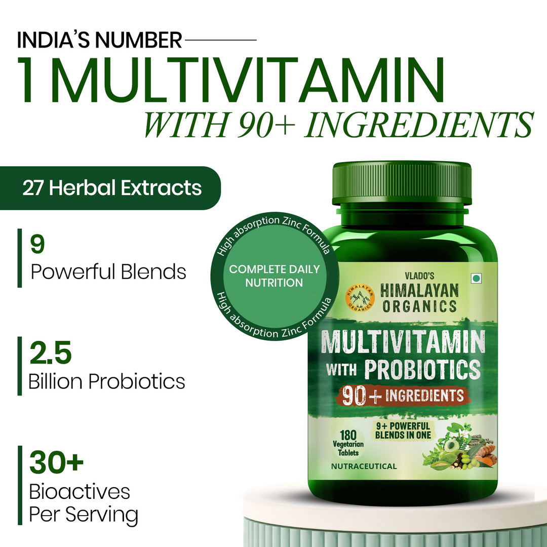 Vlado's Himalayan Organics Immunity Multivitamin Tablet for Men & Women with Probiotic 90+Vital Nutrients and 9+ Probiotic blends for Increase Energy & Immunity I Best Multi vitamin for Men & Women- 180 Veg Tablets