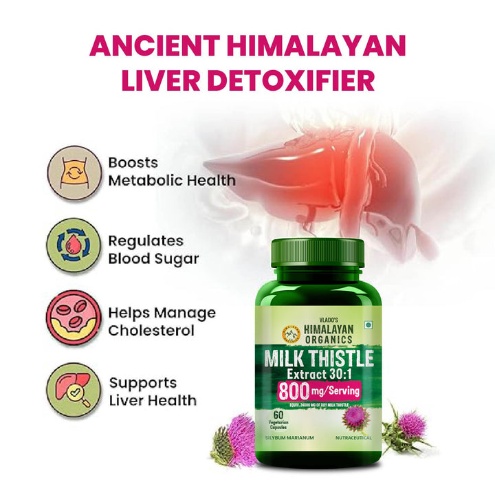 Vlado's Himalayan Organics Milk Thistle Extract Detox Supplement For Men And Women With 800Mg Of Silybum Marianum For Healthy Liver | Helps in Cleanse Liver - 60 Vegetarian Capsules