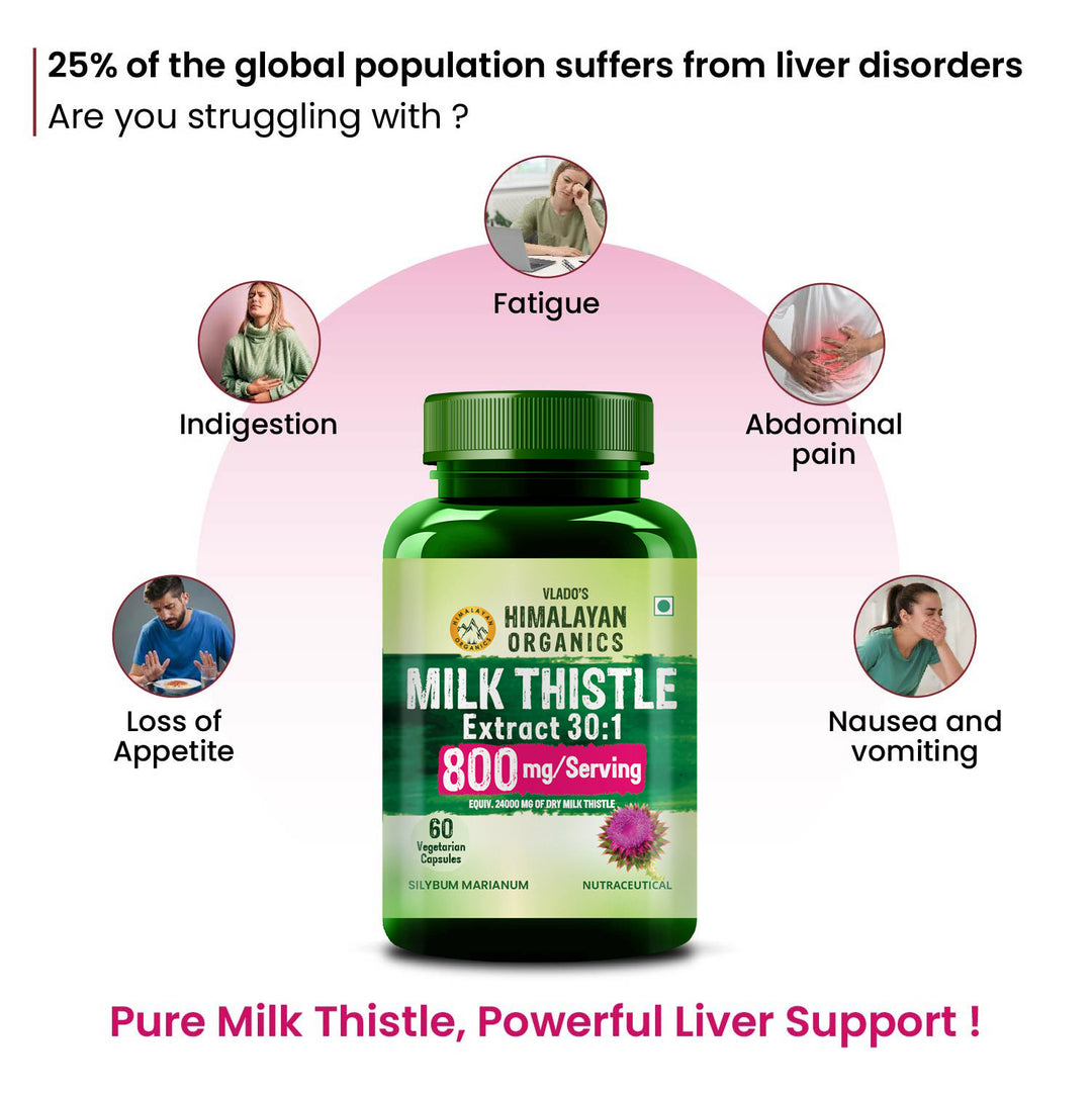 Vlado's Himalayan Organics Milk Thistle Extract Detox Supplement For Men And Women With 800Mg Of Silybum Marianum For Healthy Liver | Helps in Cleanse Liver - 60 Vegetarian Capsules