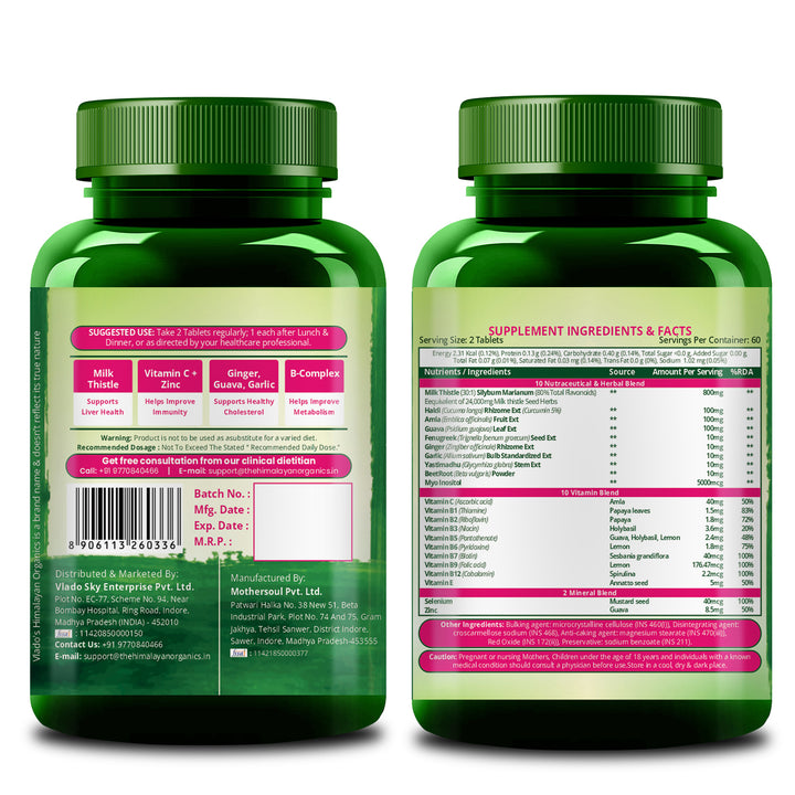 Vlado's Himalayan Organics Milk Thistle Extract With 800Mg Of Silybum Marianum Detox Supplement For Men And Women For Healthy Liver | Boost Metabolism And Maintain Cholesterol level - 120 Vegetarian Tablets